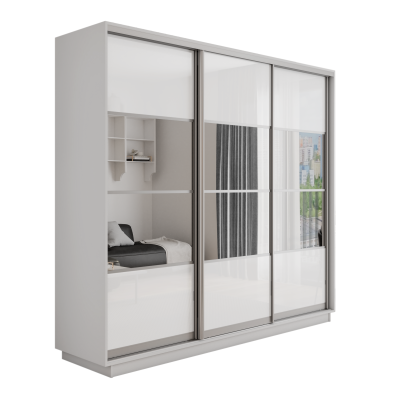 Оптим 3-х дверный 4 секции (Стекло белое, Зеркало) (Белый снег 1800х2200х600 К-3.1 Серебро профиль)